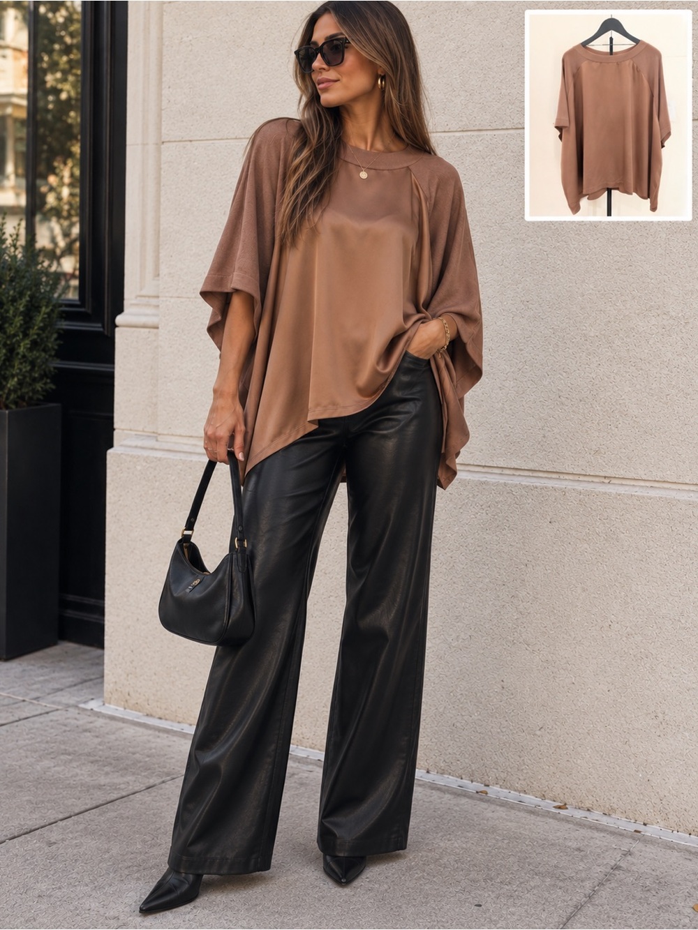 Natori Oversized Dolman Mixed Media Top M Mocha Brown Minimalist